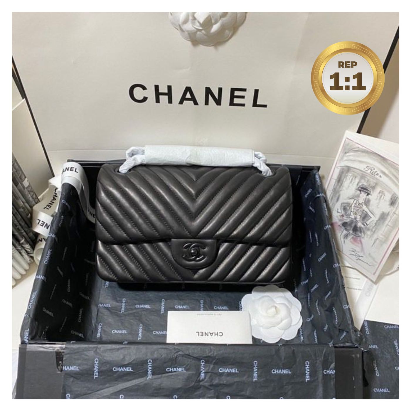[REP 1:1] Chanel Chevron Classic Handbag Black For Women 10.2in/26cm